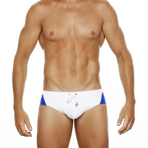 Men's Racing Stripes Speedo Beach Bikini Swimwear White Blue Size L - Picture 2 of 3